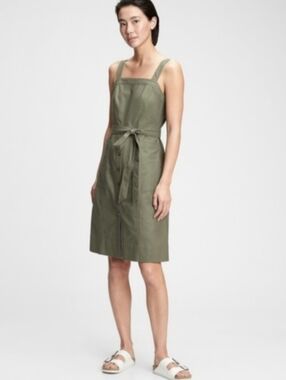 NWT Gap Linen Blend Apron Dress In Desert Cactus Green